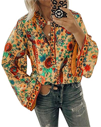 ORANDESIGNE Damen Vintage Bohemian Blusen Hippie Blumen Bluse Boho Tunika Elegante Oberteile Tops Langarm Shirt A Orange 3XL von ORANDESIGNE