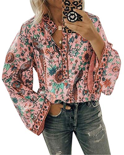 ORANDESIGNE Damen Vintage Bohemian Blusen Hippie Blumen Bluse Boho Tunika Elegante Oberteile Tops Langarm Shirt A Rosa XL von ORANDESIGNE