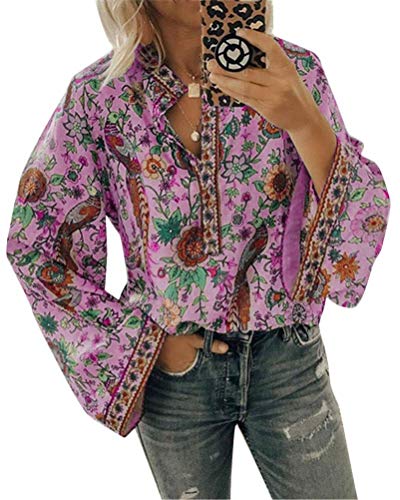 ORANDESIGNE Damen Vintage Bohemian Blusen Hippie Blumen Bluse Boho Tunika Elegante Oberteile Tops Langarm Shirt A Rose XL von ORANDESIGNE