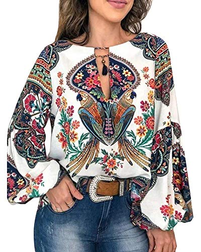 ORANDESIGNE Damen Vintage Bohemian Blusen Hippie Blumen Bluse Boho Tunika Elegante Oberteile Tops Langarm Shirt B Weiß L von ORANDESIGNE