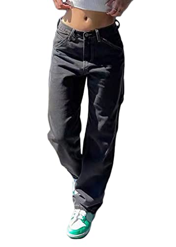 ORANDESIGNE Damen Vintage Cargo Jeans Y2K Hip Hop Baggy Straight Leg Gewaschen Jeanshose Casual Denim Hosen Bedruckte Jeans Teenager Mädchen Harajuku Skateboard Hose Streetwear I Schwarz XS von ORANDESIGNE