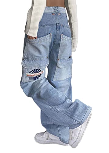 ORANDESIGNE Damen Vintage Cargo Jeans Y2K Hip Hop Jeans Baggy Jeans Straight Leg Gewaschen Jeanshose Casual Denim Hosen Bedruckte Jeans Teenager Mädchen Harajuku Skateboard Hose Streetwear A Blau XXL von ORANDESIGNE