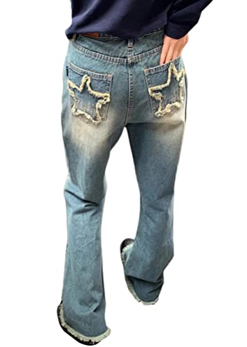 ORANDESIGNE Damen Vintage Cargo Jeans Y2K Hip Hop Jeans Baggy Jeans Straight Leg Gewaschen Jeanshose Casual Denim Hosen Bedruckte Jeans Teenager Mädchen Harajuku Skateboard Hose Streetwear G Blau M von ORANDESIGNE