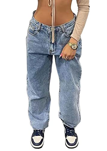 ORANDESIGNE Damen Vintage Cargo Jeans Y2K Hip Hop Jeans Baggy Jeans Straight Leg Gewaschen Jeanshose Casual Denim Hosen Bedruckte Jeans Teenager Mädchen Harajuku Skateboard Hose Streetwear I Blau S von ORANDESIGNE