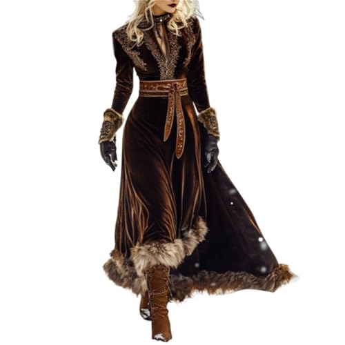 ORANDESIGNE Damen Vintage Samt Kleid Langarm Westernkleid Western Outfit Country Kleidung Elegantes Winter Maxikleid A Dunkelkaffee M von ORANDESIGNE