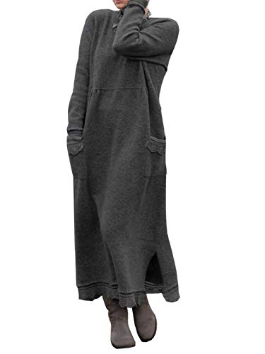 ORANDESIGNE Damen Vlieskleider Rundhals Frauen Langarm Lose Pulloverkleid Große Größe Casual Sweatkleid Winterkleid Einfarbig Lang Maxi Kleid Partykleid Dunkelgrau 3XL von ORANDESIGNE
