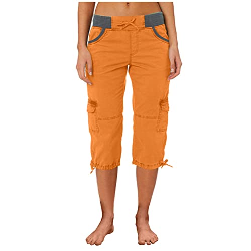 ORANDESIGNE Damen Wanderhose Elastische Cargohose Leichte 3/4 Sporthose Sommer Freizeithose Baggy Kordelzug Trainingshose mit Seitentaschen Caprihose Outdoorhose Jogginghose A Orange XL von ORANDESIGNE