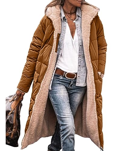ORANDESIGNE Damen Warm Wintermäntel Reversibel Sherpa Fleece Lang Pufferjacken mit Kapuze Frauen Oberbekleidung Outdoorjacke Steppjacke A Braun XL Steppmantel von ORANDESIGNE