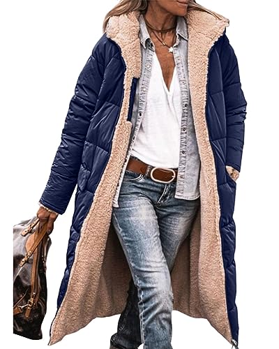 ORANDESIGNE Damen Warm Wintermäntel Reversibel Sherpa Fleece Lang Pufferjacken mit Kapuze Frauen Oberbekleidung Outdoorjacke Steppjacke Steppmantel A Marine S von ORANDESIGNE