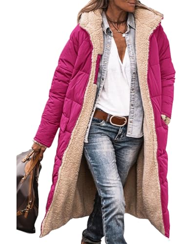 ORANDESIGNE Damen Warm Wintermäntel Reversibel Sherpa Fleece Lang Pufferjacken mit Kapuze Frauen Oberbekleidung Outdoorjacke Steppjacke Steppmantel A Rose S von ORANDESIGNE