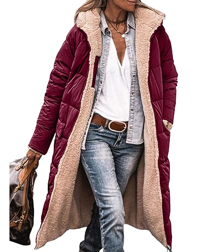 ORANDESIGNE Damen Warm Wintermäntel Reversibel Sherpa Fleece Lang Pufferjacken mit Kapuze Frauen Oberbekleidung Outdoorjacke Steppjacke Steppmantel A Weinrot M von ORANDESIGNE