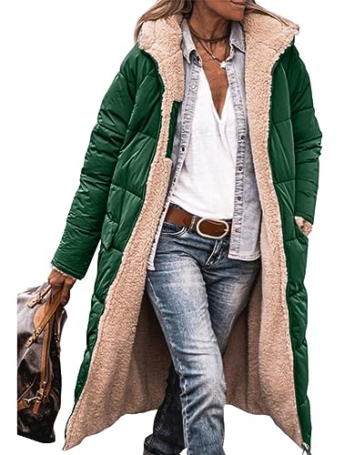 ORANDESIGNE Damen Warm Wintermäntel Reversibel Sherpa Fleece Lang Pufferjacken mit Kapuze Frauen Oberbekleidung Outdoorjacke Steppjacke Steppmantel XL A Dunkelgrün von ORANDESIGNE