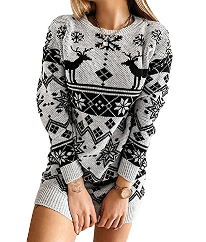 ORANDESIGNE Damen Weihnachten Pullover Lang Teenager Mädchen Strickkleid Weihnachtspulli Rentier und Schnee Langarm Christmas Pulli Weihnachtspullover Lang Minikleid Oberteile B-Grau L von ORANDESIGNE