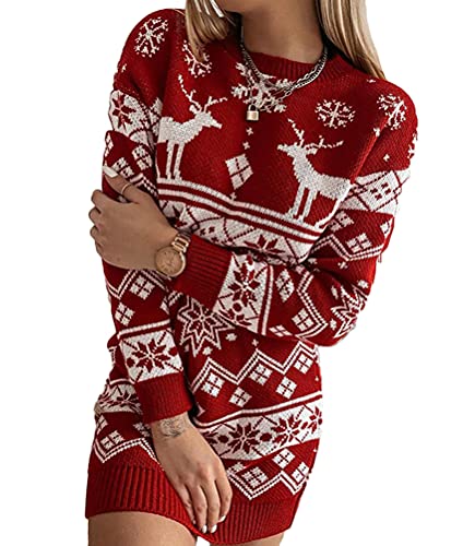 ORANDESIGNE Damen Weihnachten Pullover Lang Teenager Mädchen Strickkleid Weihnachtspulli Rentier und Schnee Langarm Christmas Pulli Weihnachtspullover Lang Minikleid Oberteile B-Rot M von ORANDESIGNE