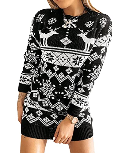 ORANDESIGNE Damen Weihnachten Pullover Lang Teenager Mädchen Strickkleid Weihnachtspulli Rentier und Schnee Langarm Christmas Pulli Weihnachtspullover Lang Minikleid Oberteile B-Schwarz L von ORANDESIGNE