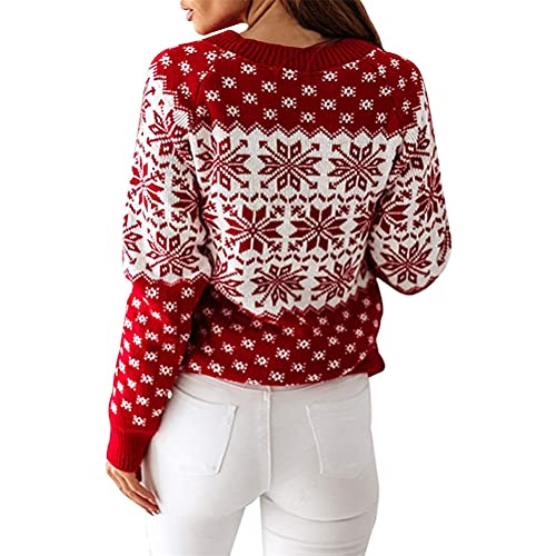 ORANDESIGNE Damen Weihnachts Gestrickter Pullover Winter Langarm Rundhals Rentier Schneeflocken Weihnachtspullover Gestrickte Jumper Sweatshirt Strickpullover D Weiß XS von ORANDESIGNE