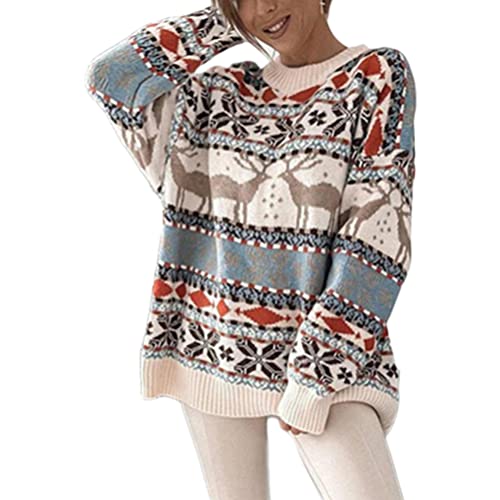 ORANDESIGNE Damen Weihnachts Gestrickter Pullover Winter Langarm Rundhals Rentier Schneeflocken Weihnachtspullover Gestrickte Jumper Sweatshirt Strickpullover P Weiß S von ORANDESIGNE