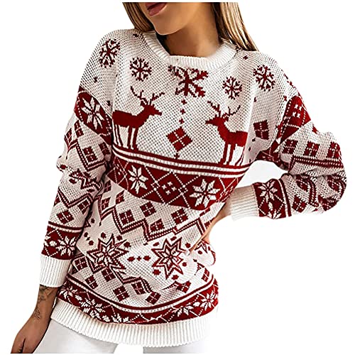 ORANDESIGNE Damen Weihnachts Gestrickter Pullover Winter Langarm Rundhals Rentier Schneeflocken Weihnachtspullover Gestrickte Jumper Sweatshirt Strickpullover Weihnachtspulli Strickpulli A Rot S von ORANDESIGNE