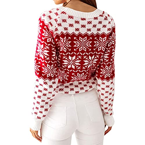 ORANDESIGNE Damen Weihnachts Gestrickter Pullover Winter Langarm Rundhals Rentier Schneeflocken Weihnachtspullover Gestrickte Jumper Sweatshirt Strickpullover Weihnachtspulli Strickpulli D Rot XXL von ORANDESIGNE