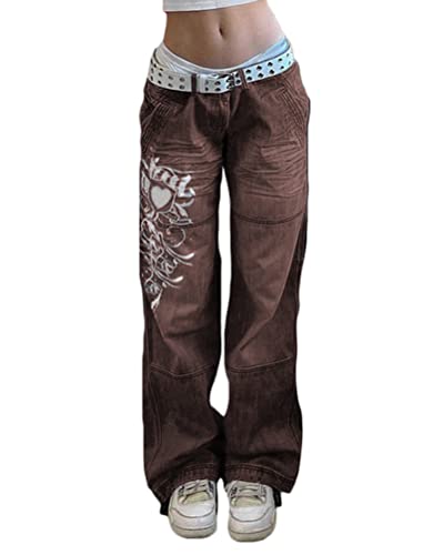 ORANDESIGNE Damen Weite Baggy Jeans Hohe Taille Gerade Denimhose Schlaghosen Boyfriend E-Girl Hosen Vintage Streetwear A Braun L von ORANDESIGNE