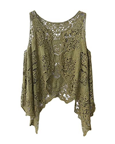 ORANDESIGNE Damen Weste Cardigan Sommer Hippie Gilet Häkeln Hohl Spitze Irregular Boho Ärmellos Cardigan Kurz Weste Outerwear Irregular Weste Strickjacke Beachwear A Grün Einheitsgröße von ORANDESIGNE