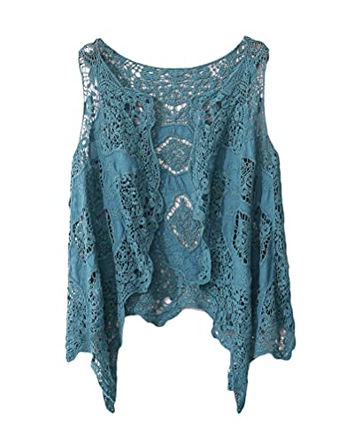 ORANDESIGNE Damen Weste Cardigan Sommer Hippie Gilet Häkeln Hohl Spitze Irregular Boho Ärmellos Cardigan Kurz Weste Outerwear Irregular Weste Strickjacke Beachwear A Pfauenblau, Einheitsgröße von ORANDESIGNE