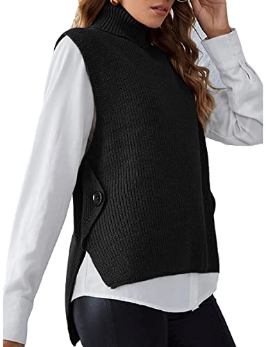 ORANDESIGNE Damen Weste Strick Patchwork Volltonfarbe Stilvoll Freizeit Ärmellos Pullover Strickjacken Rollkragen Herbst Winter Blau Purpur Rosa F Schwarz M von ORANDESIGNE