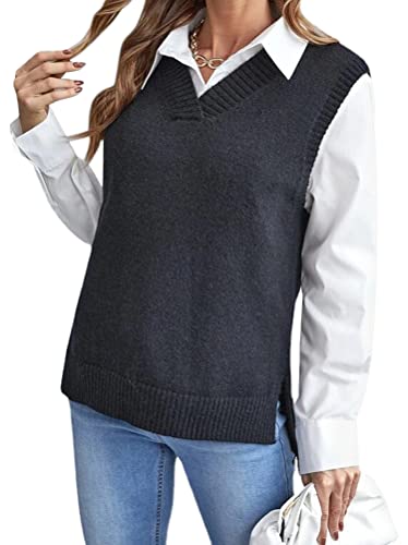ORANDESIGNE Damen Weste Strick Pullunder V-Ausschnitt Strickweste Baumwoll Vest mit Strick Feinstrick für Business und Freizeit H Schwarz S von ORANDESIGNE