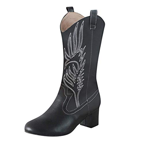 ORANDESIGNE Damen Westernstiefel Halbhohe Cowboy Stiefel Damen Stiefeletten mit Blockabsatz Ankle Boots Biker Boots Cowgirl Spitz Zehen Halbhohe Stiefel Schwarz 39 EU von ORANDESIGNE