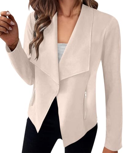 ORANDESIGNE Damen Wildlederjacke Kurz Übergangsjacke Moto Bikerjacke Herbst Frühling Leicht Jacken Reverskragen Langarm Boyfriend Cardigan Kurze Mantel mit Taschen Reißverschluss A Beige XL von ORANDESIGNE