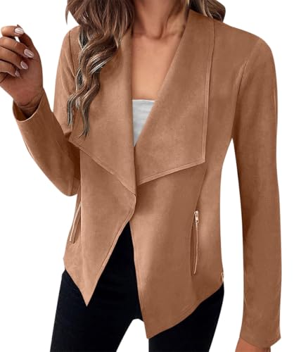 ORANDESIGNE Damen Wildlederjacke Kurz Übergangsjacke Moto Bikerjacke Herbst Frühling Leicht Jacken Reverskragen Langarm Boyfriend Cardigan Kurze Mantel mit Taschen Reißverschluss A Khaki M von ORANDESIGNE