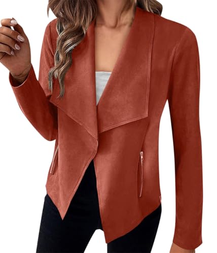ORANDESIGNE Damen Wildlederjacke Kurz Übergangsjacke Moto Bikerjacke Herbst Frühling Leicht Jacken Reverskragen Langarm Boyfriend Cardigan Kurze Mantel mit Taschen Reißverschluss A Orange M von ORANDESIGNE