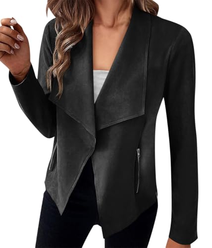 ORANDESIGNE Damen Wildlederjacke Kurz Übergangsjacke Moto Bikerjacke Herbst Frühling Leicht Jacken Reverskragen Langarm Boyfriend Cardigan Kurze Mantel mit Taschen Reißverschluss A Schwarz M von ORANDESIGNE