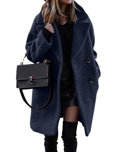 ORANDESIGNE Damen Winter Mäntel Flauschig Fleece Revers Lange Ärmel Button Down Warm Kunstpelz Oberbekleidung Sherpa Jacke Strickjacke A Dunkelblau XS von ORANDESIGNE