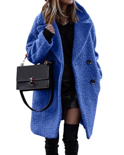 ORANDESIGNE Damen Winter Mäntel Flauschig Fleece Revers Lange Ärmel Button Down Warm Kunstpelz Oberbekleidung Sherpa Jacke Strickjacke A Königsblau L von ORANDESIGNE