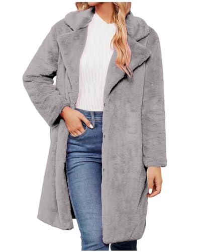 ORANDESIGNE Damen Winter Mäntel Flauschig Fleece Revers Lange Ärmel Button Down Warm Kunstpelz Oberbekleidung Sherpa Jacke Strickjacke B Grau XXL von ORANDESIGNE