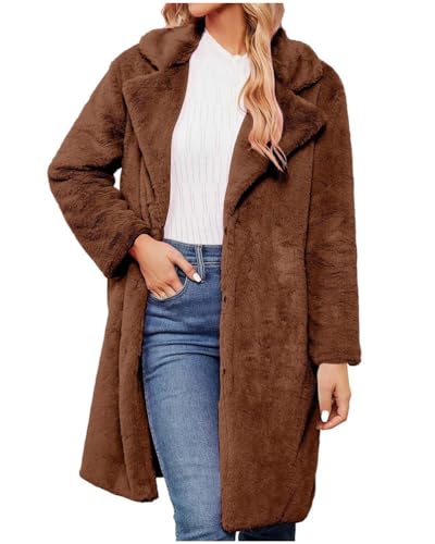ORANDESIGNE Damen Winter Mäntel Flauschig Fleece Revers Lange Ärmel Button Down Warm Kunstpelz Oberbekleidung Sherpa Jacke Strickjacke B Kaffee XXL von ORANDESIGNE