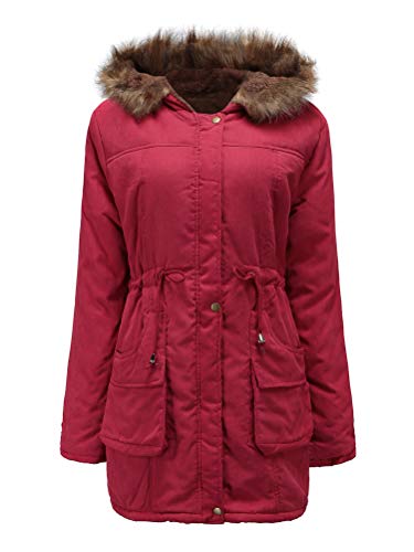 ORANDESIGNE Damen Winter Mantel Jacke Parka Lang Warme Gefüttert Steppmantel Mit Kapuze Und Kunstfellkragen Mode Casual Rot DE 48 von ORANDESIGNE