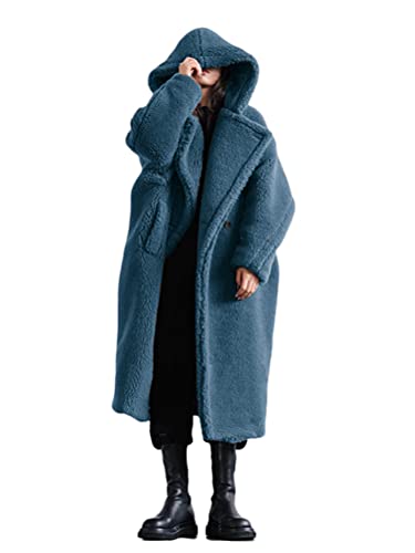 ORANDESIGNE Damen Winter Mantel Plüschjacke Frau Wintermantel Lang Warm Cardigan Kapuzenjacke mit Taschen Winterjacke Blau L von ORANDESIGNE