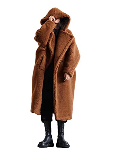 ORANDESIGNE Damen Winter Mantel Plüschjacke Frau Wintermantel Lang Warm Cardigan Kapuzenjacke mit Taschen Winterjacke Braun XXL von ORANDESIGNE