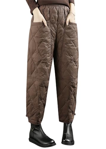 ORANDESIGNE Damen Winter Warme Daunenhose Warme Gefütterte Jogginghose Winddicht Winterhose Ultraleichte Schneehose Elastische Taille Stepphose B Kaffee L von ORANDESIGNE
