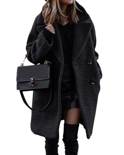ORANDESIGNE Damen Winterjacke Revers Parka Elegant Trenchcoat Mantel Plüschjacke Plüschmantel Teddy Fleece Jacke Lang Cardigan Outwear Coat Übergangsjacke A Schwarz XXL von ORANDESIGNE