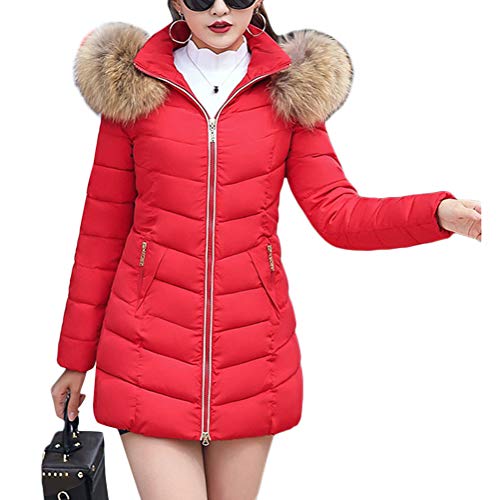 ORANDESIGNE Damen Winterjacke Wintermantel Lange Daunenjacke Jacke Outwear Frauen Winter Warm Dicker Daunenmantel Slim Steppmantel Parka Fellkapuze A Rot 34 von ORANDESIGNE