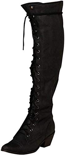 ORANDESIGNE Damen Winterstiefel Overknee Stiefel mit Hohen Absätzen Lange PU Lederstiefel Retro Schnürstiefel mit Seitlichem Reißverschluss B Schwarz 35 EU von ORANDESIGNE