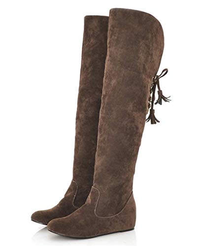 ORANDESIGNE Damen Winterstiefel Warme Schneeschuhe PU Lederstiefel Über dem Knie Flache Stiefel Lange Stiefel mit Hohen Absätzen A Braun 39 EU von ORANDESIGNE