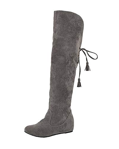 ORANDESIGNE Damen Winterstiefel Warme Schneeschuhe PU Lederstiefel Über dem Knie Flache Stiefel Lange Stiefel mit Hohen Absätzen A Grau 39 EU von ORANDESIGNE