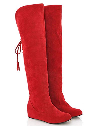 ORANDESIGNE Damen Winterstiefel Warme Schneeschuhe PU Lederstiefel Über dem Knie Flache Stiefel Lange Stiefel mit Hohen Absätzen A Rot 41 EU von ORANDESIGNE
