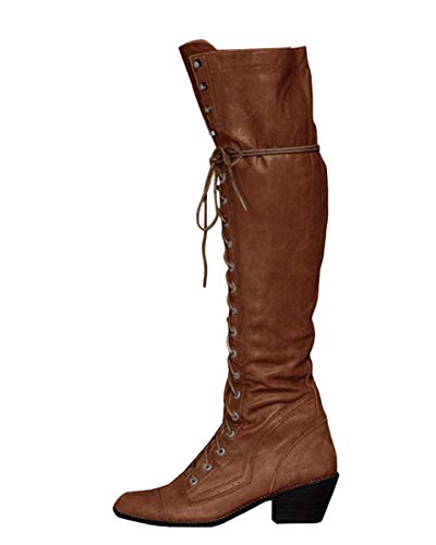ORANDESIGNE Damen Winterstiefel Warme Schneeschuhe PU Lederstiefel Über dem Knie Flache Stiefel Lange Stiefel mit Hohen Absätzen B Braun 43 EU von ORANDESIGNE