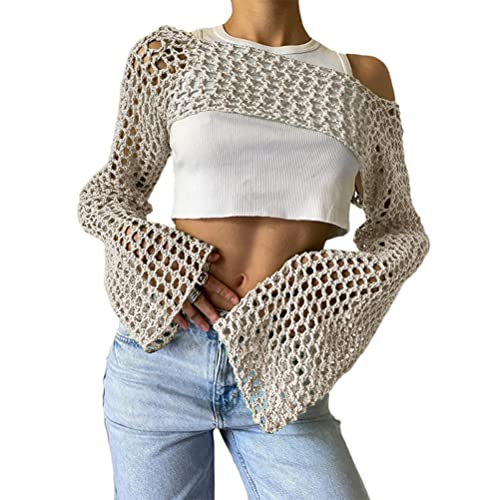 ORANDESIGNE Damen Y2K Crochet T-Shirt Frauen Langarm Crop Top Strick Einfarbig One-Shoulder Crochet Aushöhlen Pullover 90er Streetwear Schulterfrei Zerrissene Strickpullover Lose Oberteile D Beige XS von ORANDESIGNE