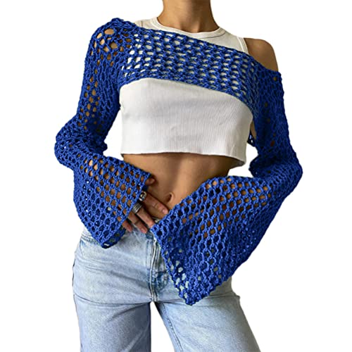 ORANDESIGNE Damen Y2K Crochet T-Shirt Frauen Langarm Crop Top Strick Einfarbig One-Shoulder Crochet Aushöhlen Pullover 90er Streetwear Schulterfrei Zerrissene Strickpullover Lose Oberteile D Blau L von ORANDESIGNE